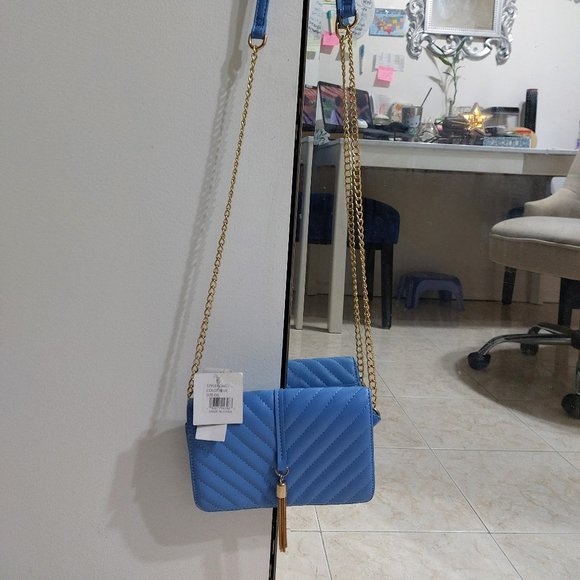 OLIVIA MILLER Easy On Slip On Messenger Style Handbag Beautiful Blue Gold Tassel - Picture 1 of 10